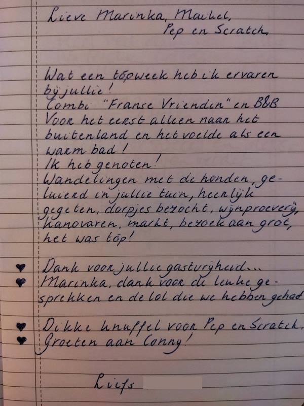 Geschreven reactie in het gastenboek