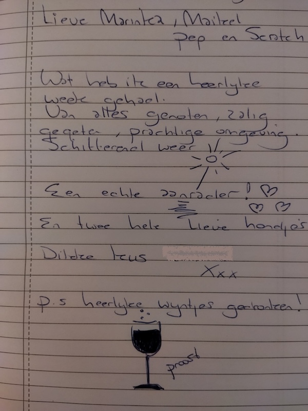 Geschreven reactie in het gastenboek