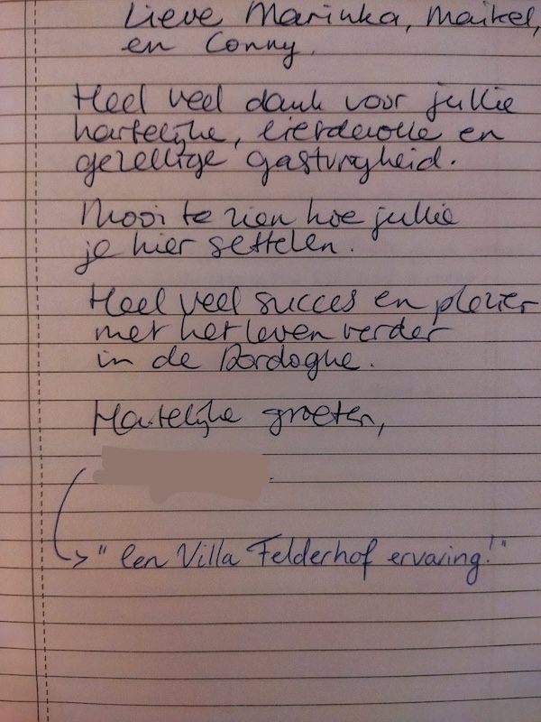 Geschreven reactie in het gastenboek